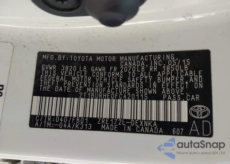 2015 Toyota Corolla Le z USA, uszkodzony, nr VIN 2T1BURHE0FC420115